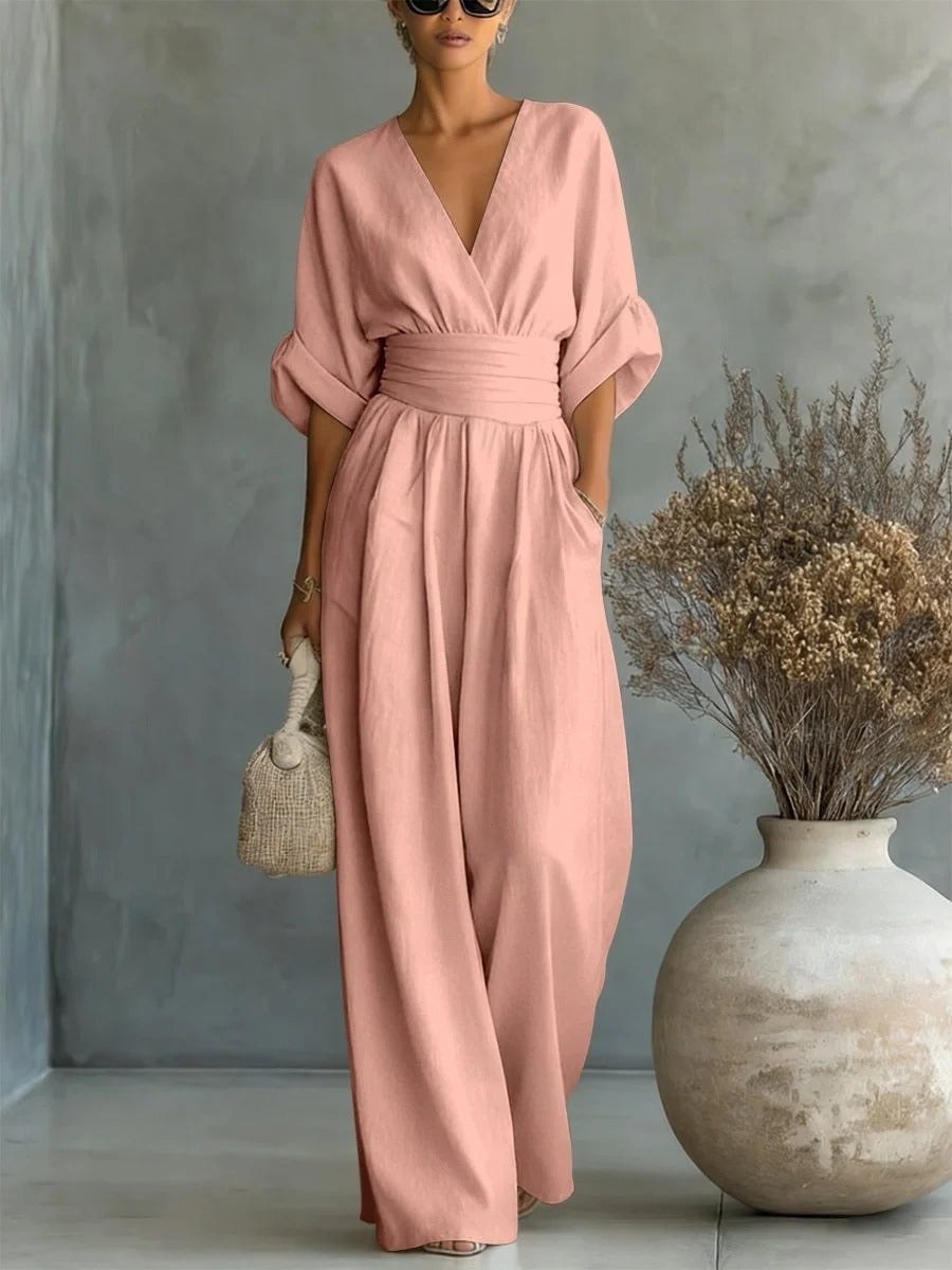 Elegant High-Waisted V-Neck Summer Jumpsuit