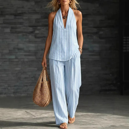 Sofia | Linen-Look Halter Top and Striped Wide-Leg Trouser Set