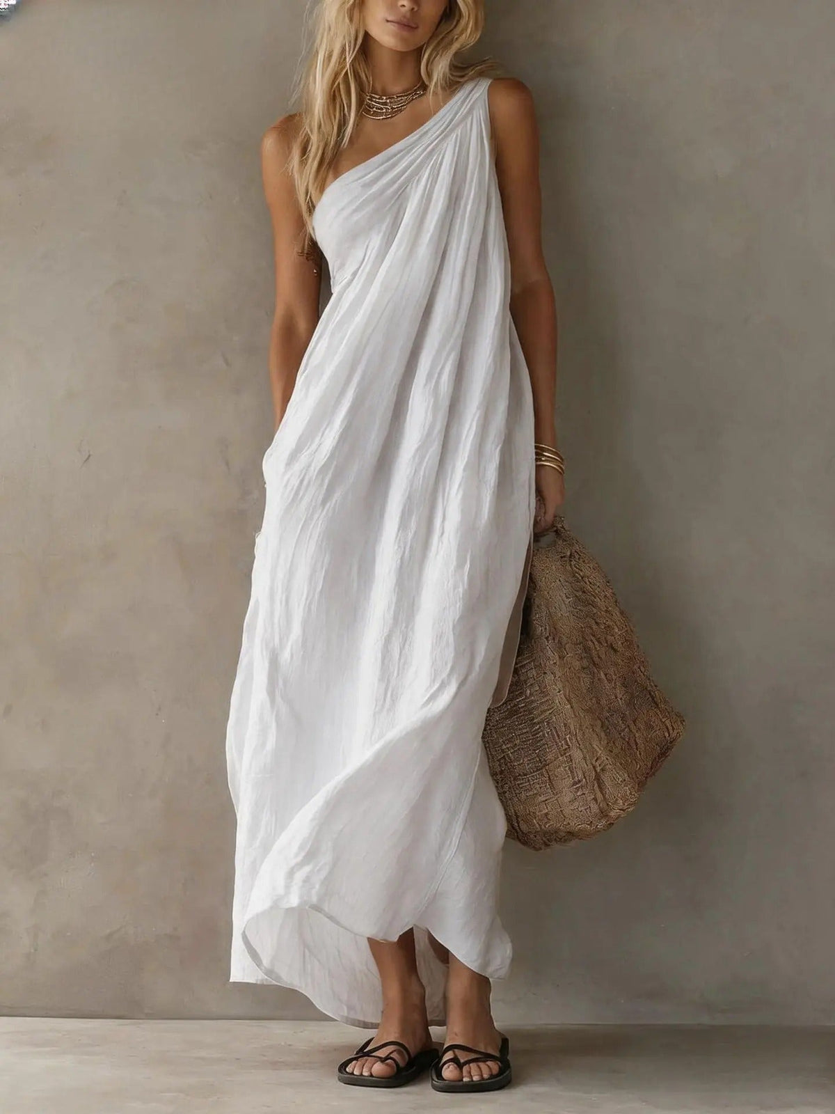 Adriana | Linen-Look Asymmetric Maxi Dress