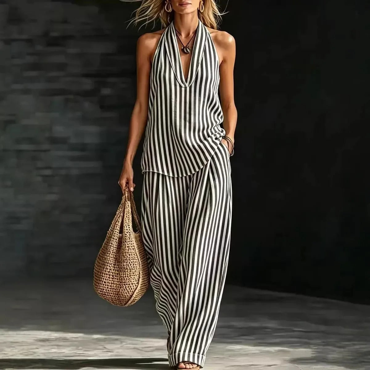 Sofia | Linen-Look Halter Top and Striped Wide-Leg Trouser Set