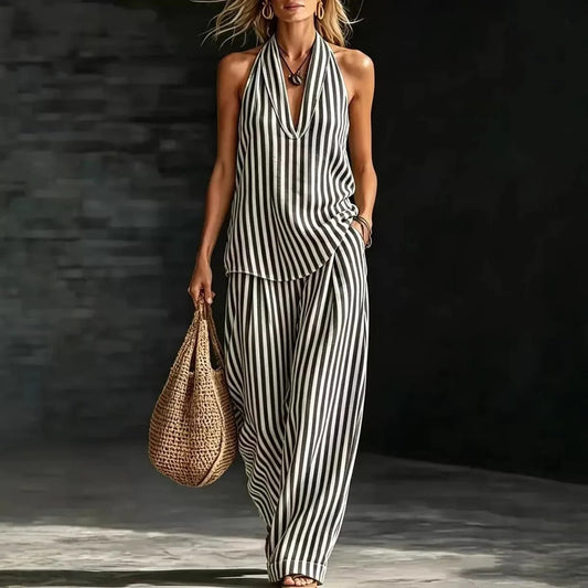 Sofia | Linen-Look Halter Top and Striped Wide-Leg Trouser Set