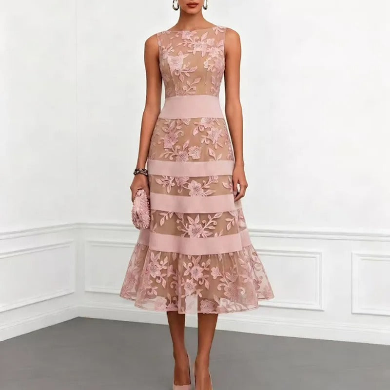 Odette | Floral Embroidered Tulle Midi Dress