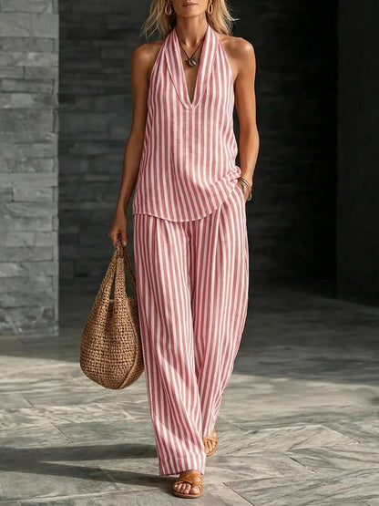 Sofia | Linen-Look Halter Top and Striped Wide-Leg Trouser Set