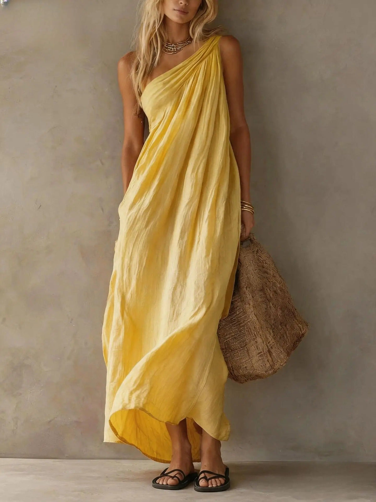 Adriana | Linen-Look Asymmetric Maxi Dress