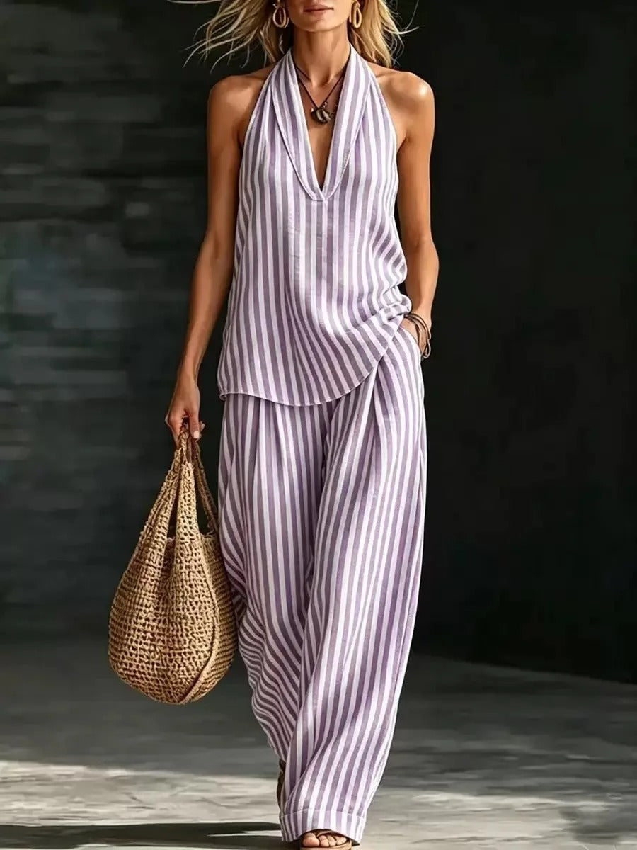 Sofia | Linen-Look Halter Top and Striped Wide-Leg Trouser Set