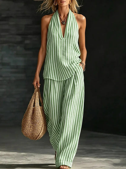 Sofia | Linen-Look Halter Top and Striped Wide-Leg Trouser Set