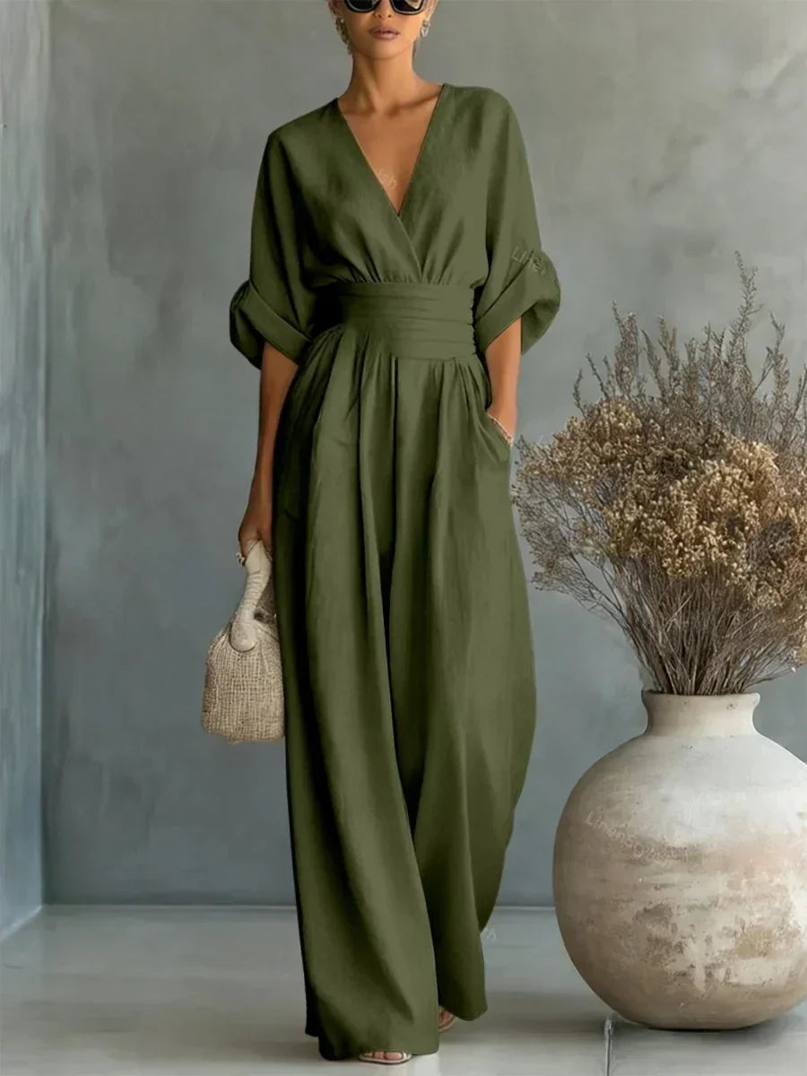 Elegant High-Waisted V-Neck Summer Jumpsuit