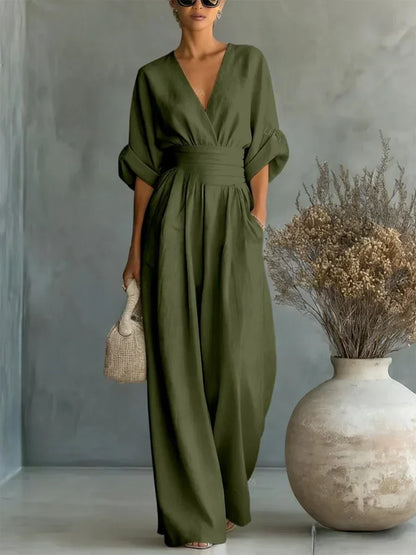 Elegant High-Waisted V-Neck Summer Jumpsuit