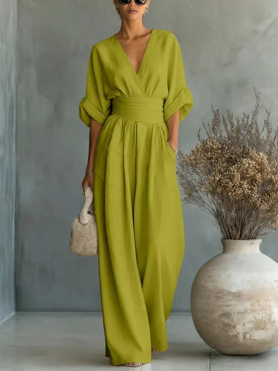 Elegant High-Waisted V-Neck Summer Jumpsuit